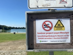  Schilder am Bocholter Aasee weisen auf die derzeitige Gefährdung durch Blaualgen hin. 