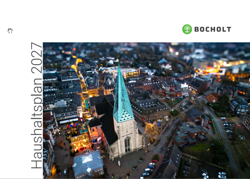 Cover page: 2027 Budget The image shows the cover page for the 2027 budget. It features the heading '2027 Budget' and the logo of the City of Bocholt. The image shown on the page is an aerial view of the town centre with the Christmas market, taken from St George's Church.