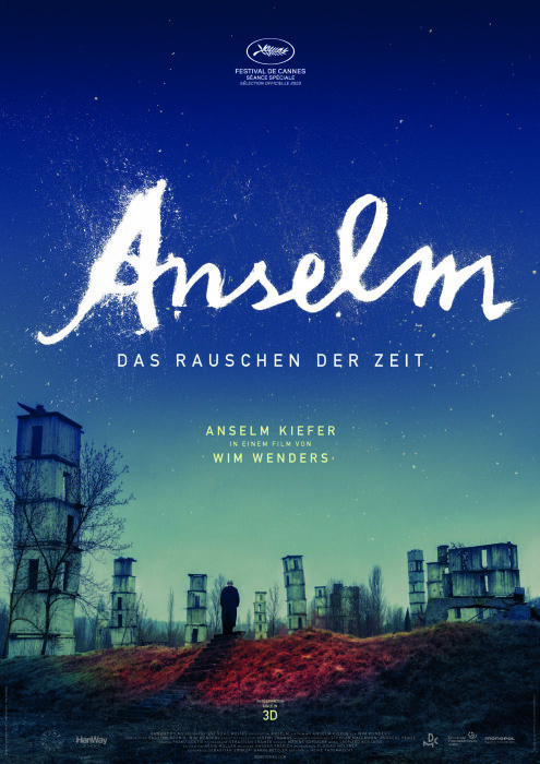A staircase on a barren hill in a wasteland. At the top of the stairs Anselm Kiefer in a black coat from behind. In the landscape many individual very large grey installations that look like abandoned towers and ruins. In the wide evening sky, the title Anselm as thick brush writing with scattered blobs - The Rustle of Time.