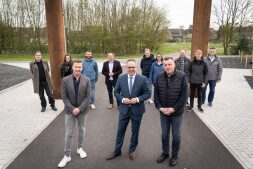  Representatives of the city of Bocholt and the contractors together with the school headmasters Hans Wessels (front right), Jens Heinemann (front left) and Mayor Thomas Kerkhoff (front, centre) in front of the entrance to the \