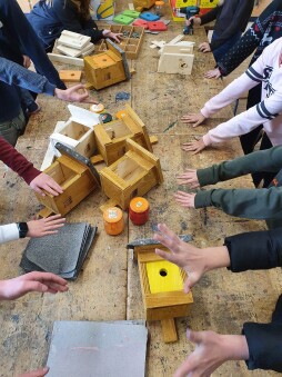  Schülerinnen und Schüler bauen Nistkästen, die im Stadtquartier Fildeken Rosenberg aufgehängt werden. 