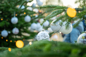 Weihnachtsbäume vor der ehemaligen Trauerhalle werden mit persönlichen Christbaumkugeln geschmückt