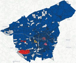 Territoriale verdeling van gemeentelijke warmteplanning Gebiedsindeling van warmteplanning: rood, geel, roze = testgebieden voor de aanleg en uitbreiding van verwarmingsnetten; blauw = gebieden voor gedecentraliseerde warmtelevering aan individuele woningen