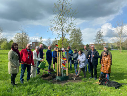  Samen met burgemeester Thomas Kerkhoff planten leden van de Duits-Britse vereniging Bocholt een zachte berk, de \