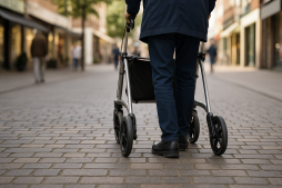 Persoon met rollator in het stadscentrum Tijdens een informatieavond krijgen geïnteresseerden waardevolle informatie over hulpmiddelen zoals rollators.