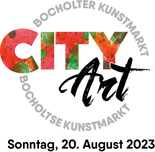 Auf dem Bild sieht man das Logo des Bocholter Kunstmarkts, mit dem Datum des Markts. 